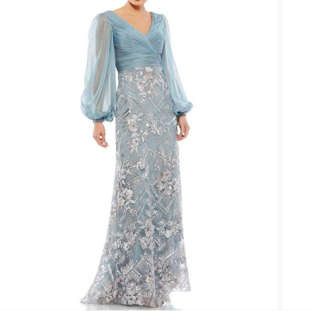 Mac Duggal Slate blue Floral Embroidered Gown